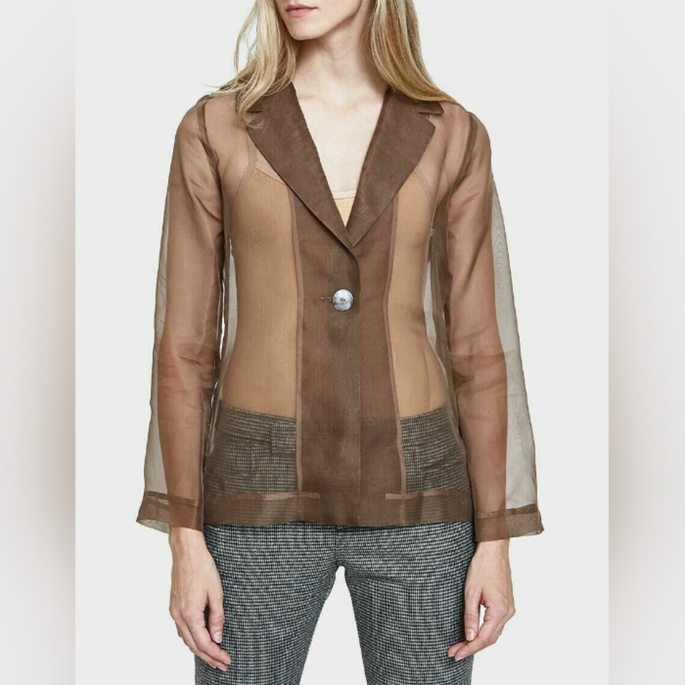 New 0 XS Maryam Nassir Zadeh MNZ Sheer Mesh Blazer Jacket Brown Silk Organza US